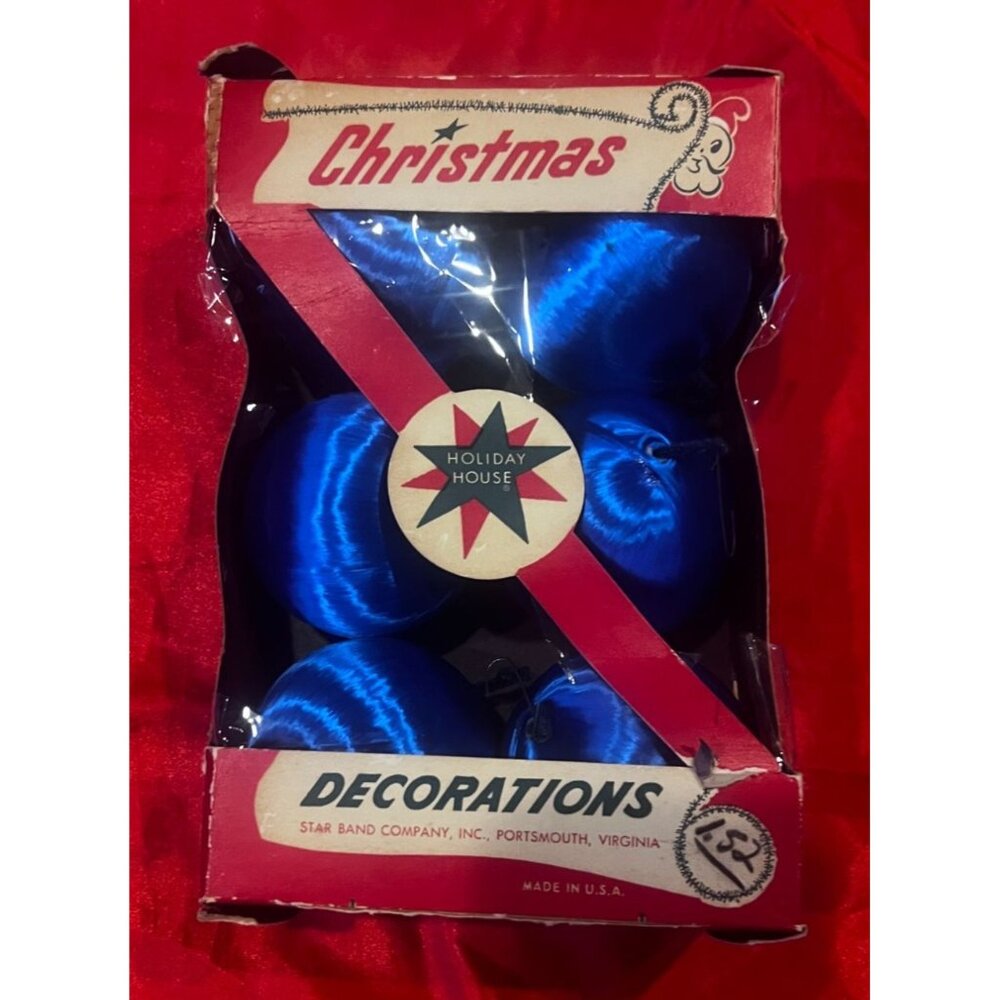 Vintage Package Holiday House Christmas Balls Decorations Star Band Satin Blue